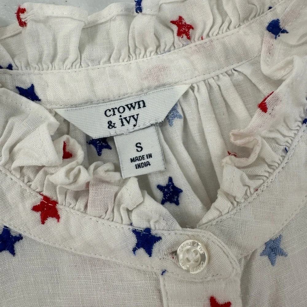 Crown & Ivy Embroidered Star Blouse Patriotic Red White Blue Linen Blend Top S - Picture 5 of 13